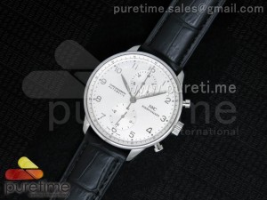 Portuguese 40mm Chrono SS White Dial on Black Leather Strap A7750