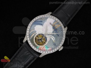 Porcelain Crane Tourbillon SS Diamond Bezel on Black Leather Strap Asian Flying