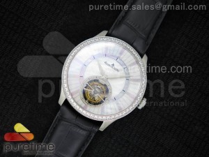 Master Tourbillon SS Diamonds Bezel White MOP Dial on Black Leather Strap