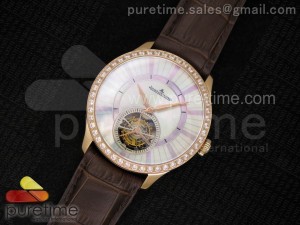 Master Tourbillon RG Diamonds Bezel White MOP Dial on Brown Leather Strap