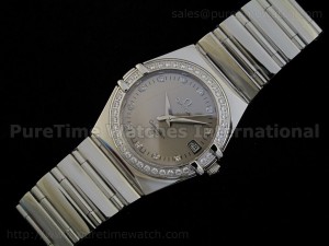 Constellation Mens SS Quartz Grey Dial CZ Diamond Bezel