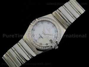 Constellation Mens SS Quartz MOP Dial CZ Diamond Bezel