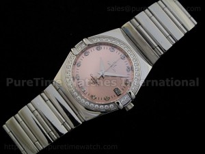 Constellation Mens SS Quartz Pink Dial CZ Diamond Bezel