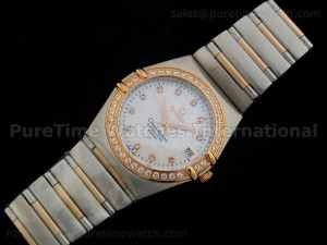 Constellation Mens 14K TT Quartz MOP Dial CZ Diamond Bezel