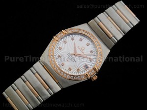 Constellation Mens 14K TT Quartz White Wavy Dial CZ Diamond Bezel