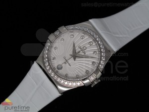 Constellation Quartz 35mm SS White Diamonds Bezel on White Leather Strap