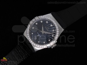 Constellation Quartz 35mm SS Blue Diamonds Bezel on Black Leather Strap