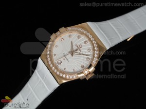 Constellation RG White Textured Dial Diamonds Bezel on White Leather Strap RONDA Quartz