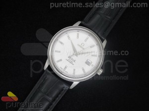 De Ville 38mm SS White Dial Diamond Markers on Black Leather Strap A2824