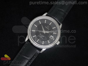 De Ville 38mm SS Black Dial Diamond Markers on Black Leather Strap A2824