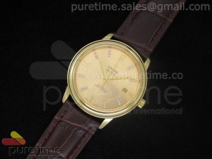 De Ville 38mm YG Gold Dial Roman & Diamond Markers on Brown Leather Strap A2824