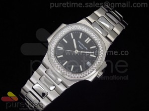 Nautilus Mid SS Black Dial Diamond Bezel on Bracelet ETA2824