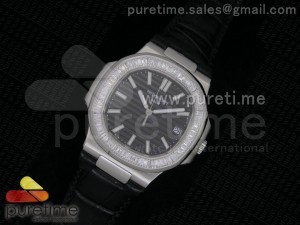 Nautilus SS Black Dial Crystal Bezel on Black Leather Strap A23J