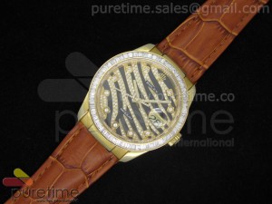 DateJust Royal Black YG Diamond Bezel on Brown Croco Leather Strap