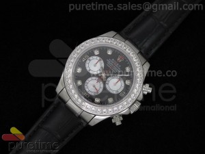 Daytona SS Black Dial Diamond Bezel on Black Leather Strap A7750