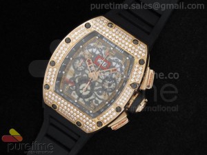 RM011 Le Mans Classic 2012 RG Black Skeleton Dial Full Pave Diamonds Bezel on Black Rubber Strap A7750