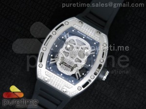 RM 052 Skull Watch SS Full Paved Diamonds Skull Dial on Black Rubber Strap 6T51