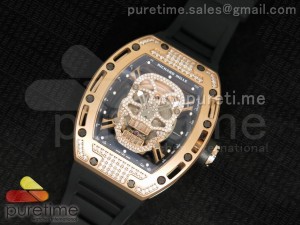 RM 052 Skull Watch RG Full Paved Diamonds Skull Dial on Black Rubber Strap 6T51