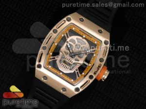 RM 052 Skull Watch Orange RG Skull Dial on Black Rubber Strap Jap Quartz