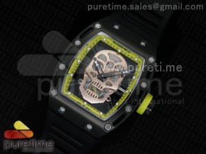 RM 052 Skull Watch Yellow PVD Rose Gold Skull Dial on Black Rubber Strap Jap Quartz