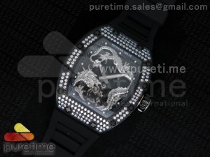 RM057 Dragon-Jackie Chan PVD Silver Dragon Dial Diamonds Bezel on Black Rubber Strap A2824