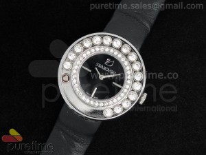 Lovely Crystals SS Black Dial on Black Leather Strap ETA Quartz