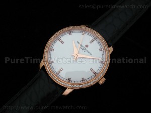 Patrimony Contemporaine Date Rose Gold White Dial Diamond Bezel on Genuine Black Croco Strap