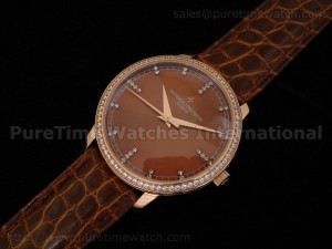 Patrimony Contemporaine Date Rose Gold Brown Dial Diamond Bezel on Genuine Brown Croco Strap