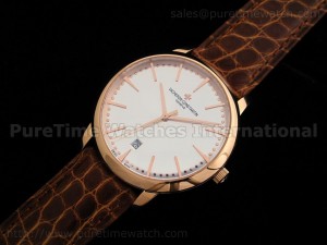 Patrimony Contemporaine Date Rose Gold Silver Dial on Genuine Brown Croco Strap