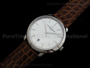 Patrimony Contemporaine Date SS Silver Dial on Genuine Brown Croco Strap