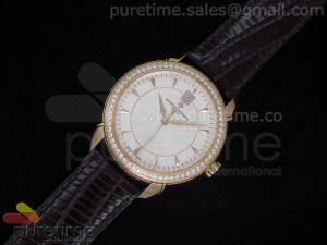 Patrimony Contemporaine Date RG White Dial Diamond Bezel on Black Leather Strap A2824