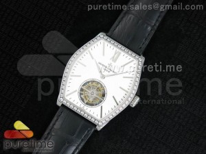 Malte Tourbillon SS White Dial Diamonds Bezel on Black Croco Leather Strap