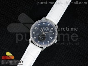 Patrimony Traditionnelle Lday SS Black Dial Diamonds Bezel on White Leather Strap A2824