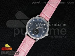 Patrimony Traditionnelle Lday SS Black Dial Diamonds Bezel on Pink Leather Strap A2824