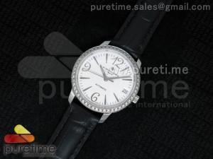 Patrimony Traditionnelle Lday SS White Dial Diamonds Bezel on Black Leather Strap A2824