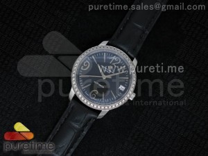 Patrimony Traditionnelle Lday SS Black Dial Diamonds Bezel on Black Leather Strap A2824