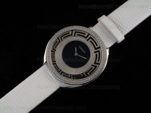 Destiny SS Diamond Bezel Black Dial on White Leather Strap