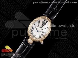 Reine de Naples YG ZF 1:1 Best Edition White Roman Dial Diamonds Bezel on Black Leather Strap A537