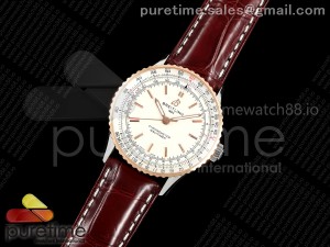 Navitimer 41 SS TF 1:1 Best Edition White Dial RG Bezel on Brown Leather Strap A2824