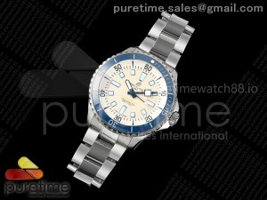 SuperOcean Automatic 44 SS Blue Bezel TF 1:1 Best Edition Cream Dial on SS Bracelet A2824