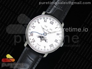 Villeret Quantième Complet 8 Jours SS Complicated Function OMF 1:1 Best Edition White Dial on Black Leather Strap A6639