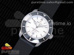 SuperOcean Heritage ii 46mm SS White Dial Black Ceramic Bezel on Black Rubber Strap A2824