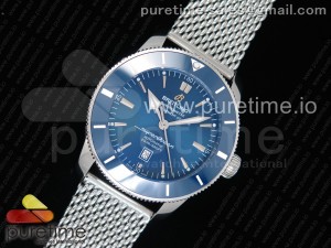 SuperOcean Heritage ii 46mm SS Blue Dial Blue Ceramic Bezel on SS Mesh Bracelet A2824