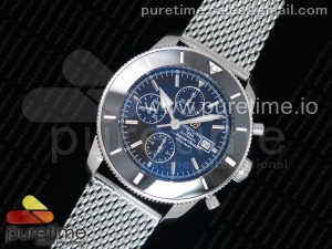 SuperOcean Heritage ii 46mm Chronograph SS Black Dial Black Ceramic Bezel on SS Mesh Bracelet A7750