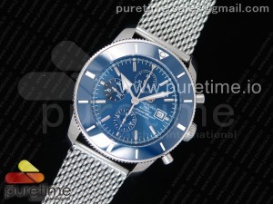 SuperOcean Heritage ii 46mm Chronograph SS Blue Dial Blue Ceramic Bezel on SS Mesh Bracelet A7750