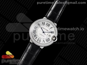 Ballon Bleu 42mm SS AF 1:1 Best Edition White Textured Dial Diamonds Bezel on Black Leather Strap A2824