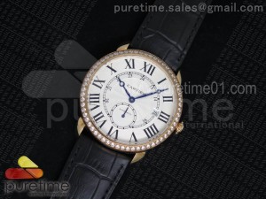 Ronde Louis Cartier RG White Textured Dial Diamonds Bezel on Black Leather Strap A23J