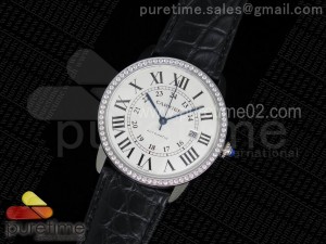 Ronde Solo De Cartier SS White Dial Diamonds Bezel on Black Croco Strap A2892