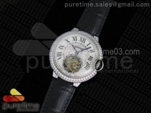 Ballon Bleu de Cartier Tourbillon SS Full paved Diamonds on Black Leather Strap