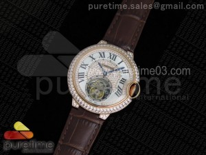 Ballon Bleu de Cartier Tourbillon RG Full paved Diamonds on Brown Leather Strap